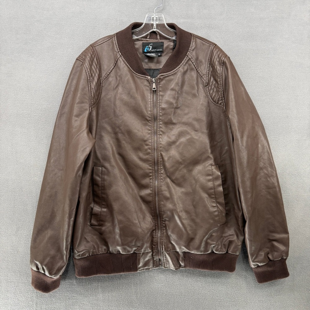 i5 Apparel Mens Faux Leather Bomber Jacket Brown XL Full Zip Ribbed Trim 5656
